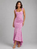 Nuvara | Rebeca | Vestido de Noche Midi Mujer Corpiño Fruncido Dobladillo Asimétrico