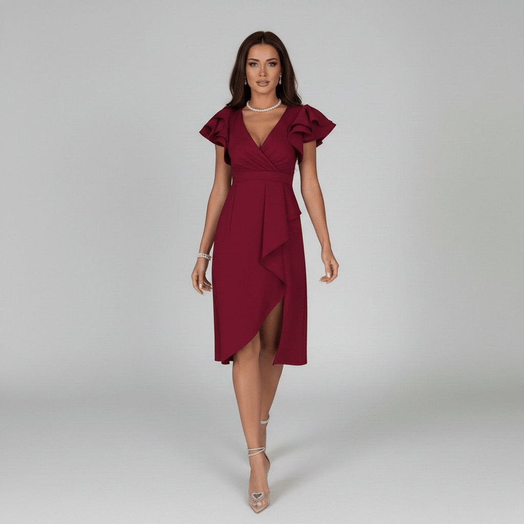Nuvara | Remedios | Vestido Invitada Otoño con Volantes Mujer Escote V Asimétrico