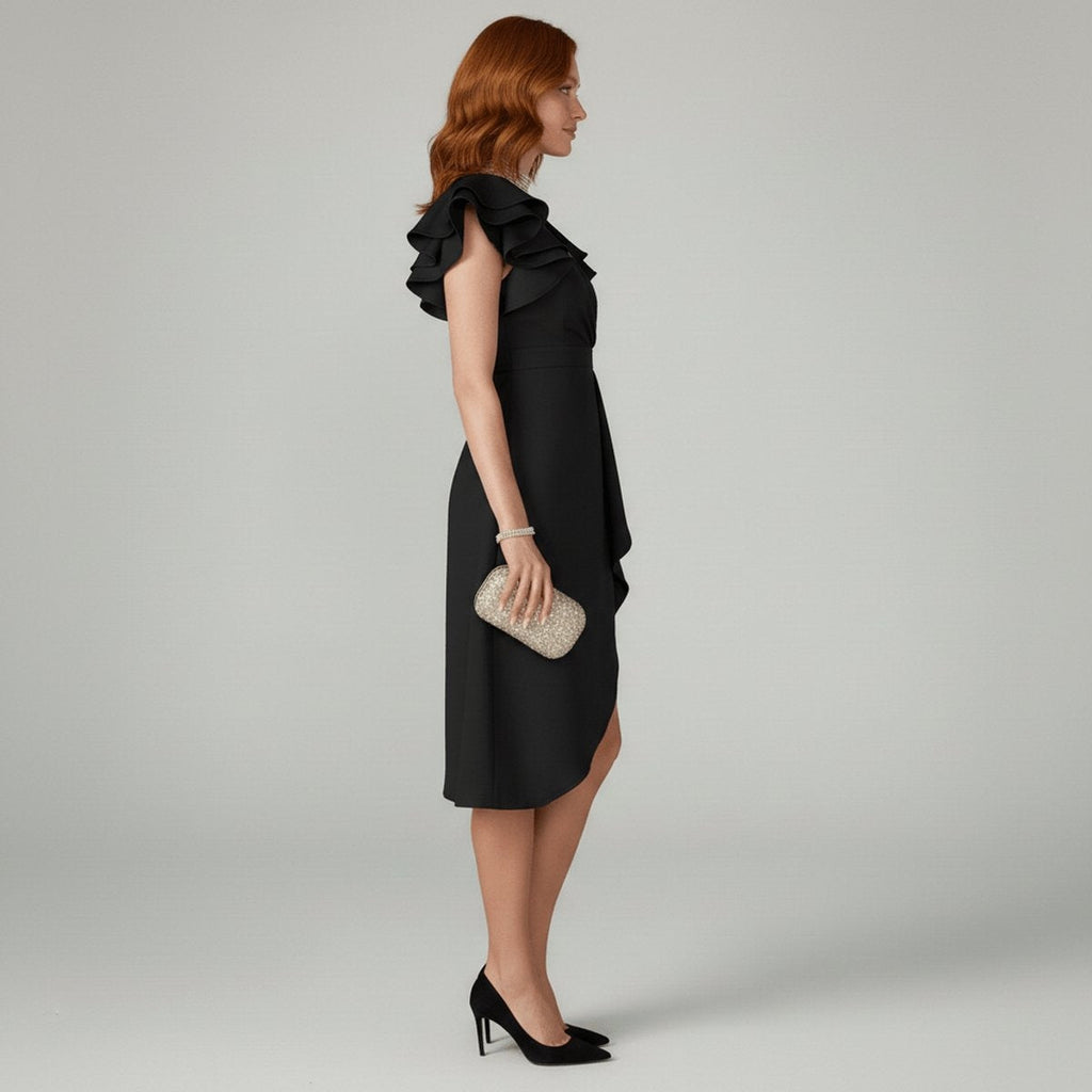 Nuvara | Remedios | Vestido Invitada Otoño con Volantes Mujer Escote V Asimétrico