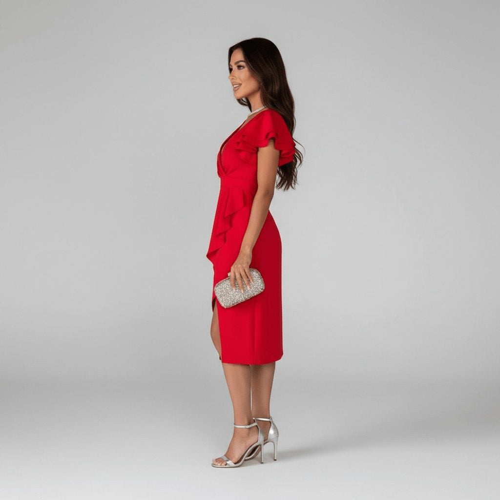 Nuvara | Remedios | Vestido Invitada Otoño con Volantes Mujer Escote V Asimétrico