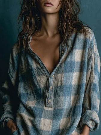 Nuvara | Rocío | Vestido Corto de Cuadros Mujer Manga Larga Cuello Henley