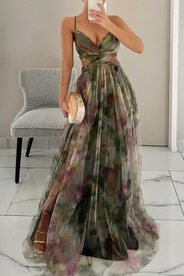 Nuvara | Rocío | Vestido Largo Estampado de Tirantes Mujer Escote V Fluido