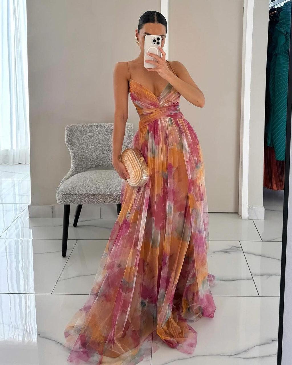 Nuvara | Rocío | Vestido Largo Estampado de Tirantes Mujer Escote V Fluido