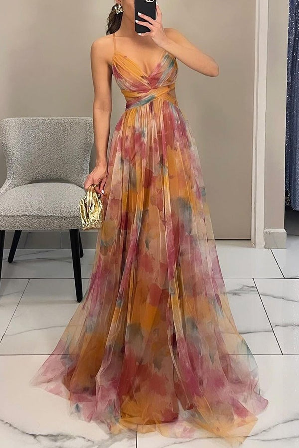 Nuvara | Rocío | Vestido Largo Estampado de Tirantes Mujer Escote V Fluido