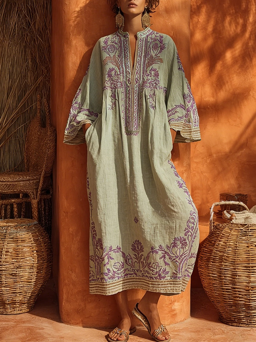 Nuvara | Rosalía | Vestido Largo Bordado Boho Mujer Escote V Manga Larga