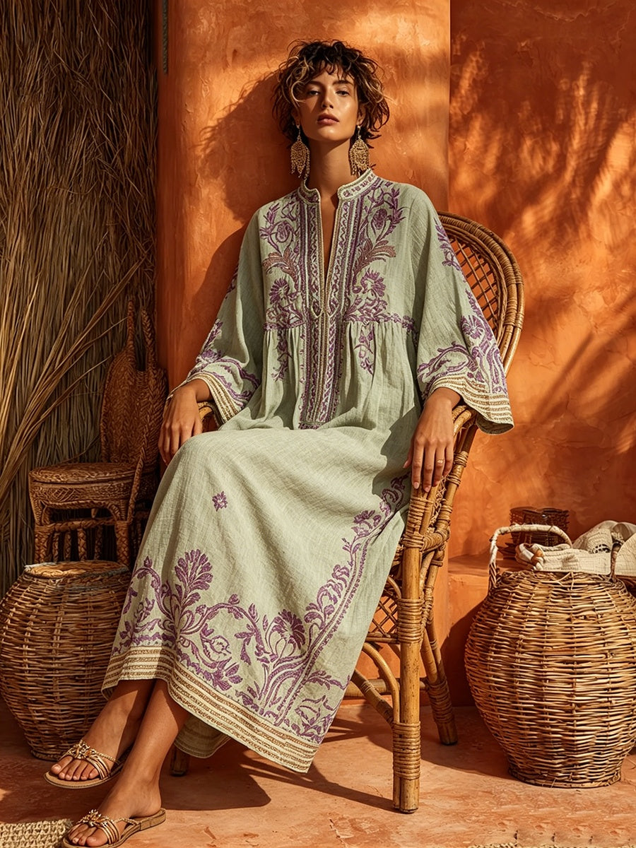 Nuvara | Rosalía | Vestido Largo Bordado Boho Mujer Escote V Manga Larga