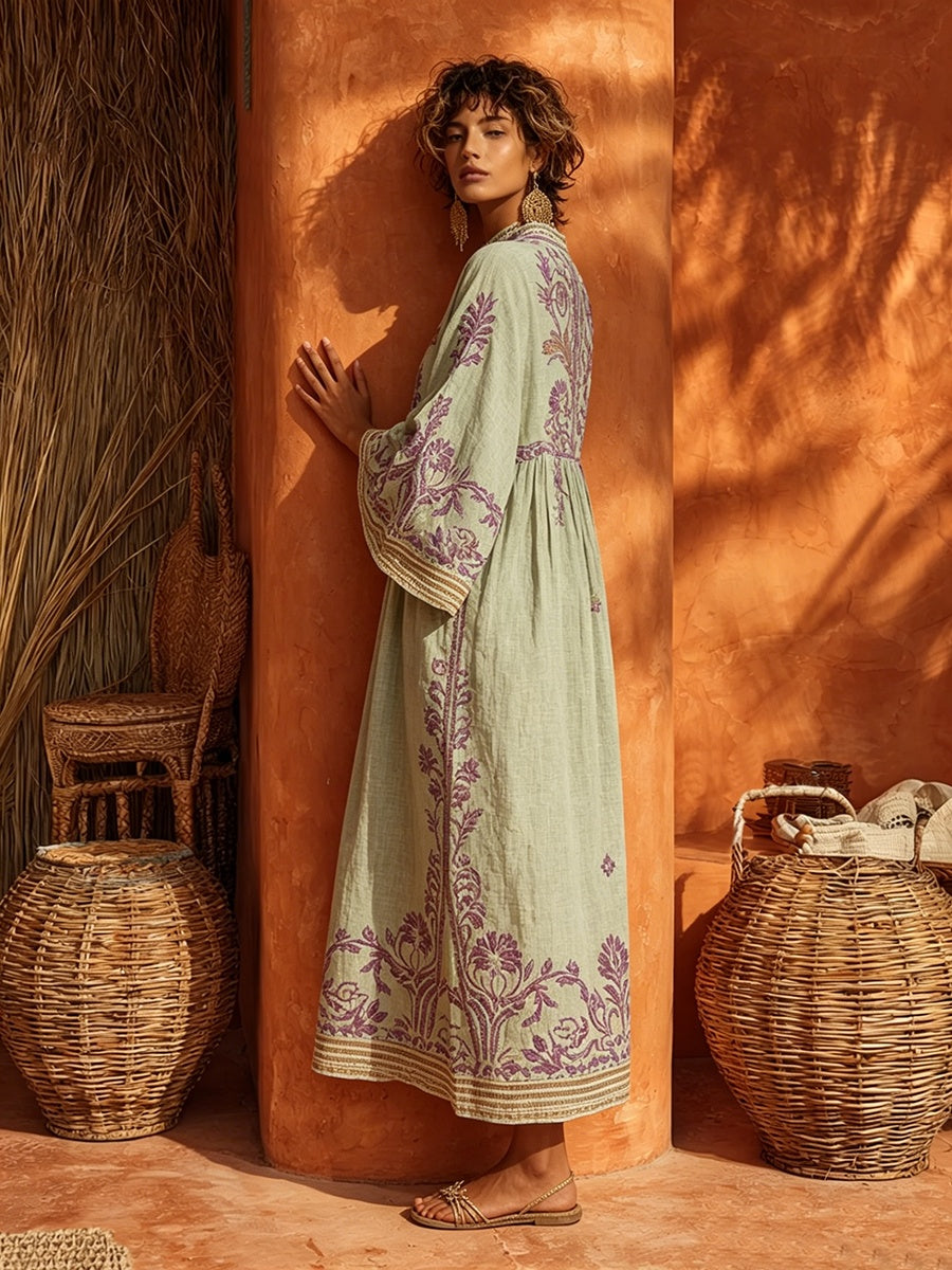 Nuvara | Rosalía | Vestido Largo Bordado Boho Mujer Escote V Manga Larga
