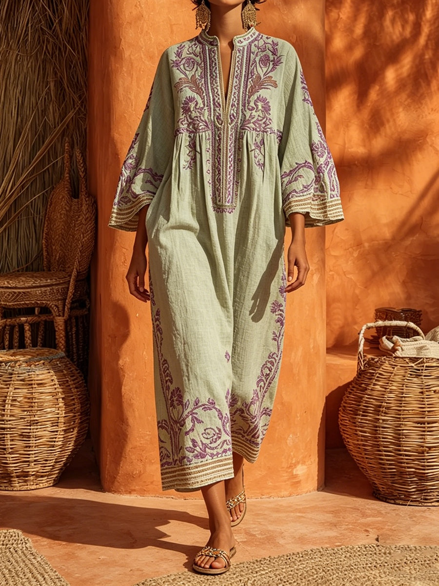 Nuvara | Rosalía | Vestido Largo Bordado Boho Mujer Escote V Manga Larga