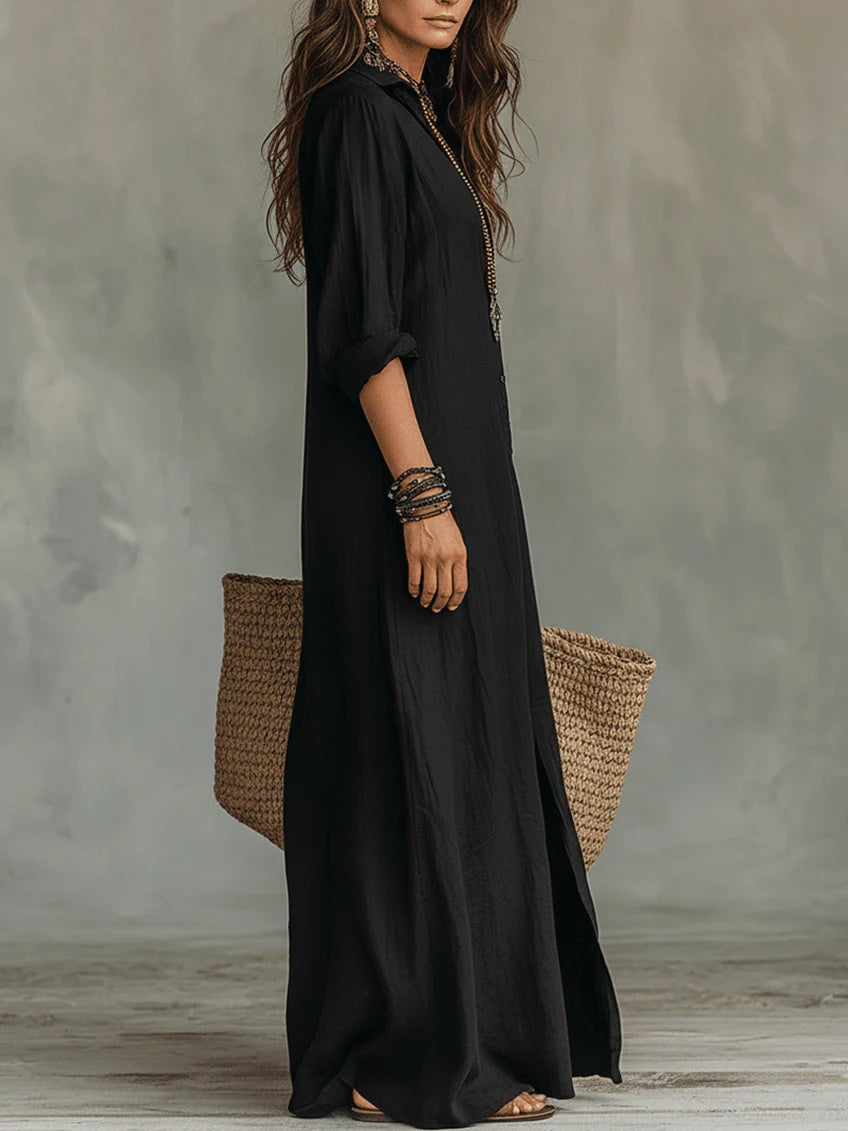 Nuvara | Rosalía | Vestido Largo Camisero de Verano Manga Larga Mujer Escote V