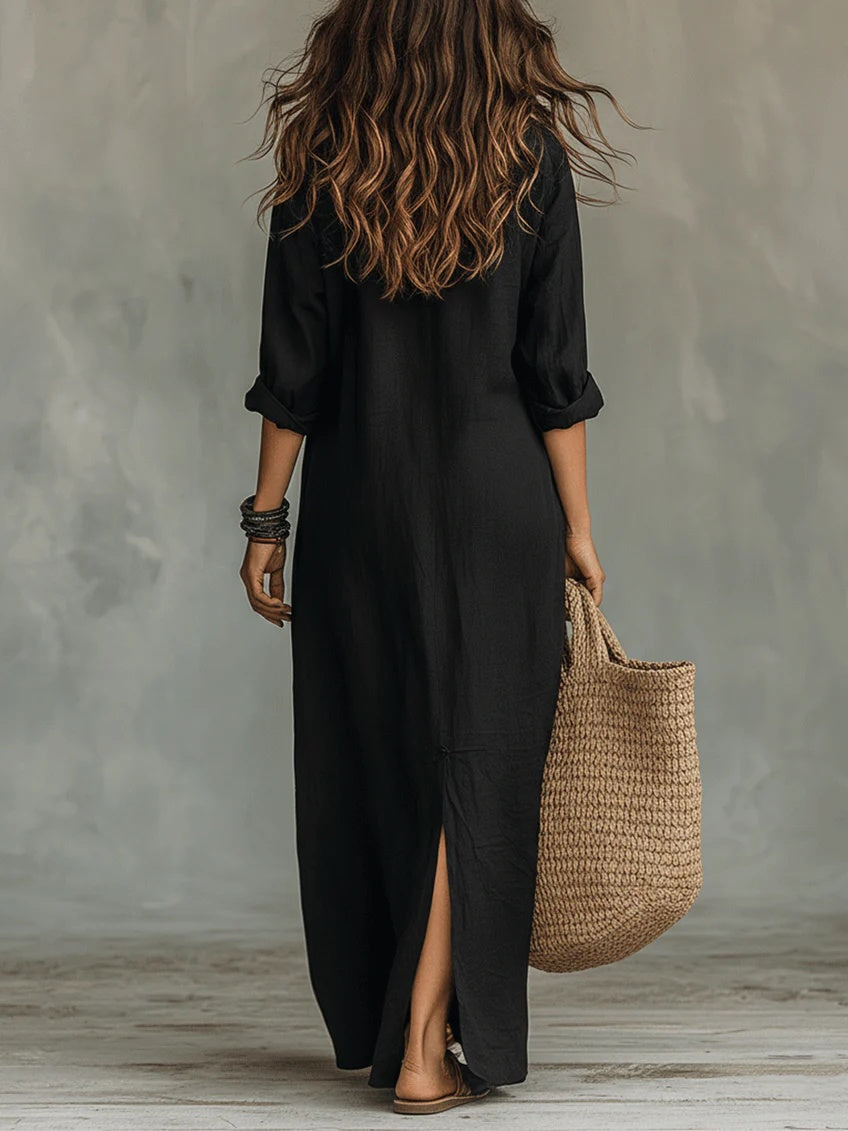 Nuvara | Rosalía | Vestido Largo Camisero de Verano Manga Larga Mujer Escote V