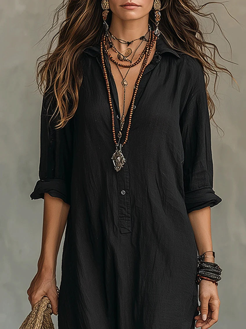 Nuvara | Rosalía | Vestido Largo Camisero de Verano Manga Larga Mujer Escote V
