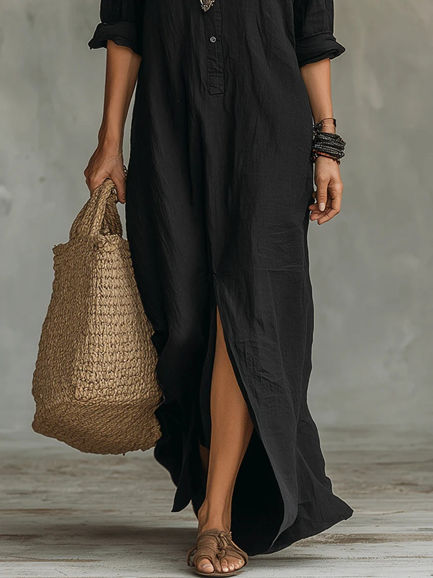 Nuvara | Rosalía | Vestido Largo Camisero de Verano Manga Larga Mujer Escote V