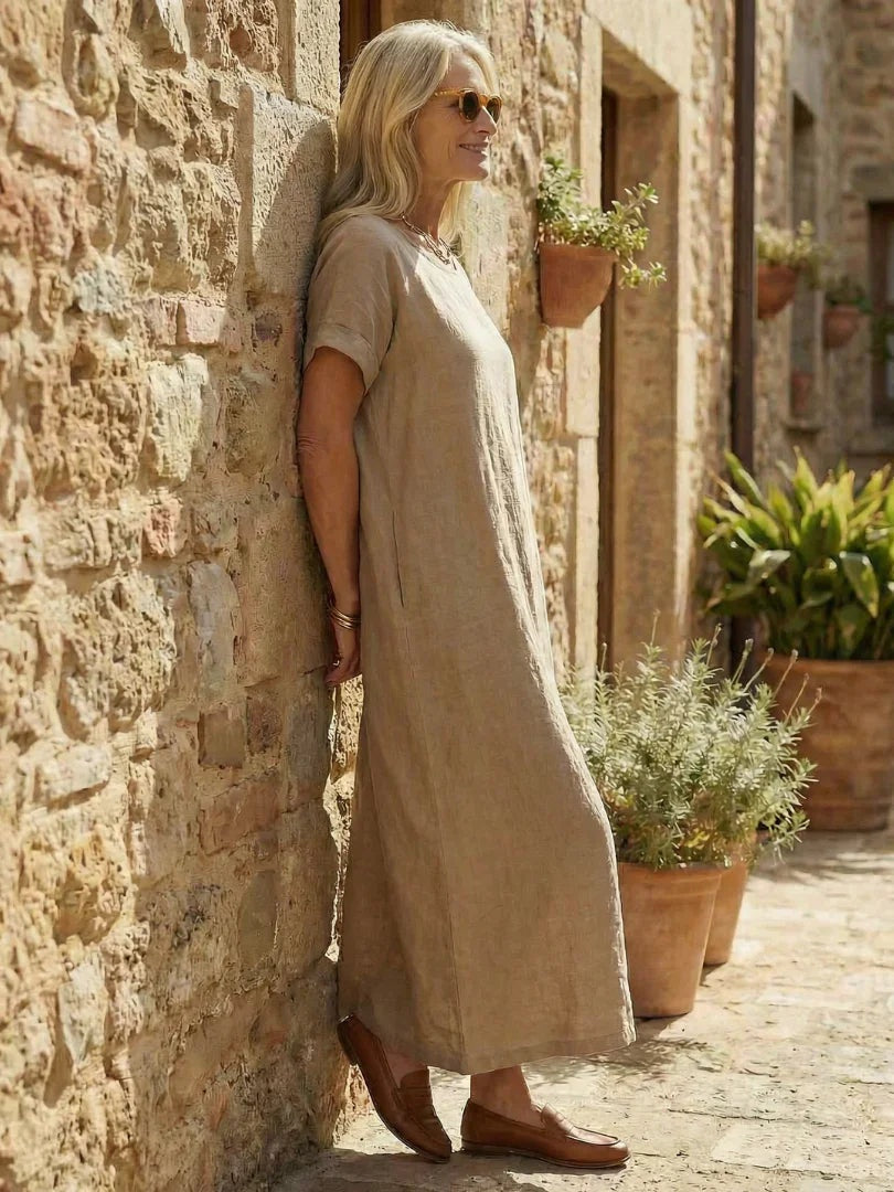 Nuvara | Rosalía | Vestido Largo de Lino Casual Mujer Manga Corta
