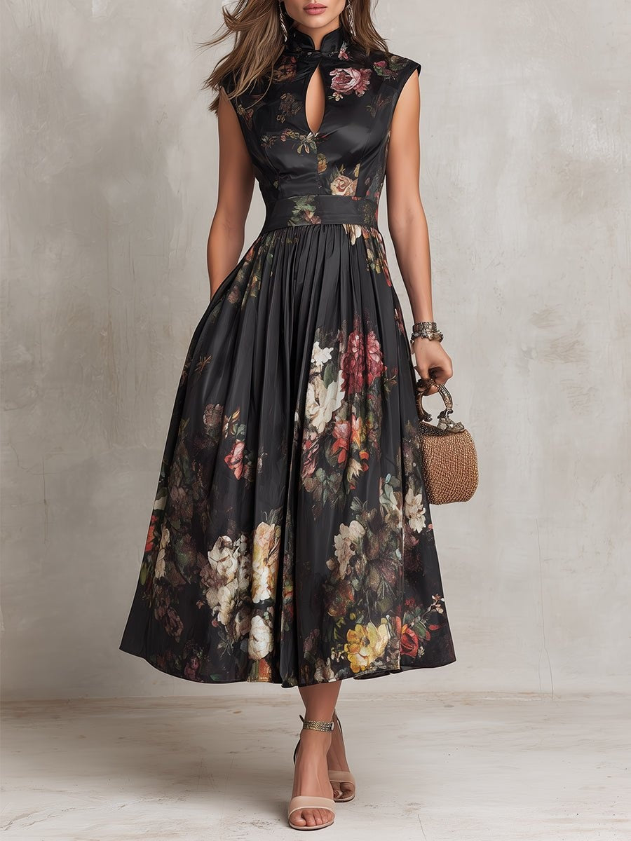 Nuvara | Rosalía | Vestido Midi de Cóctel Estampado Floral Mujer Escote Keyhole