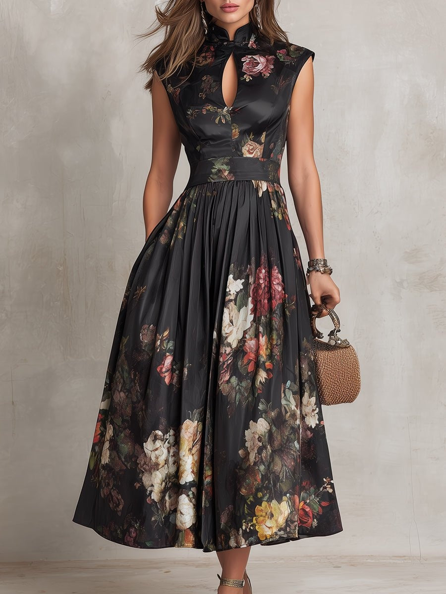 Nuvara | Rosalía | Vestido Midi de Cóctel Estampado Floral Mujer Escote Keyhole