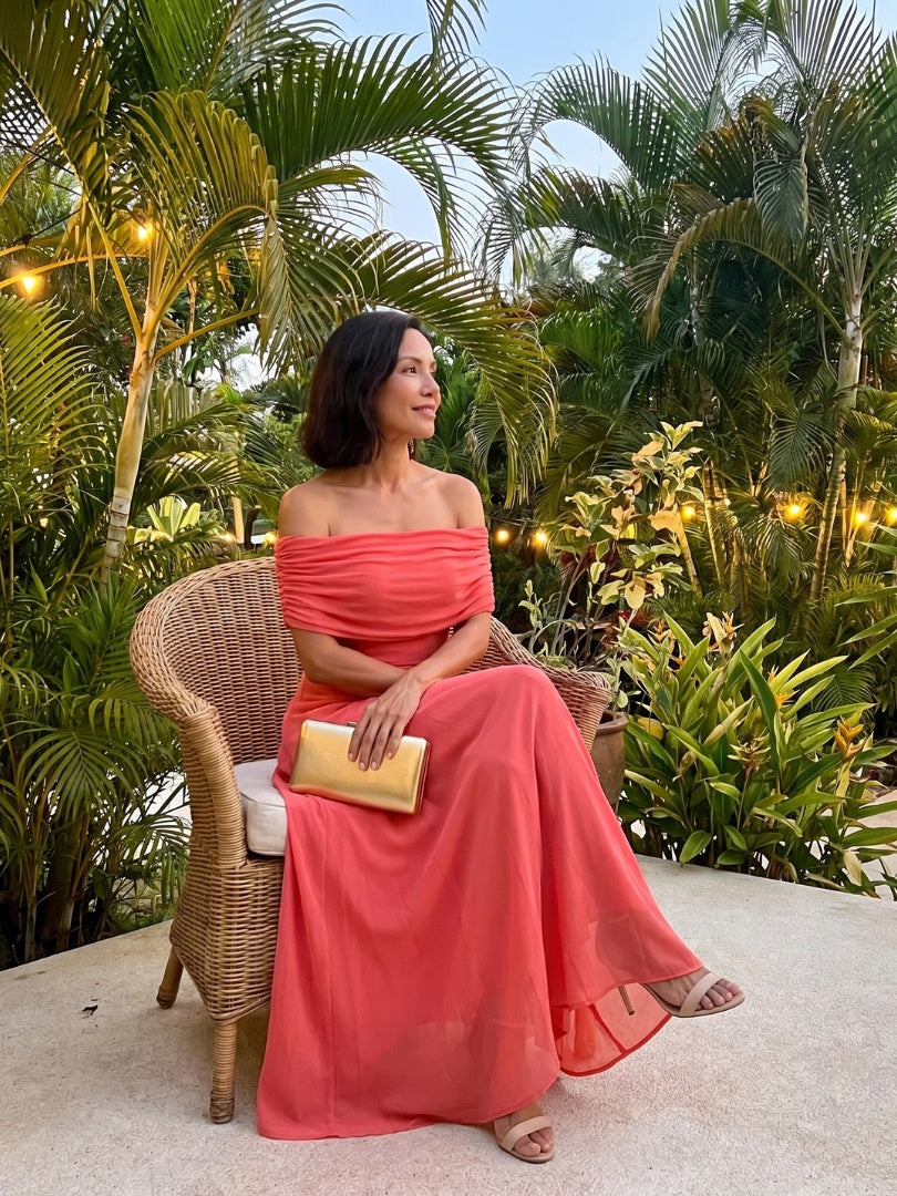 Nuvara | Rosalía | Vestido Midi Hombros Descubiertos Mujer Drapeado