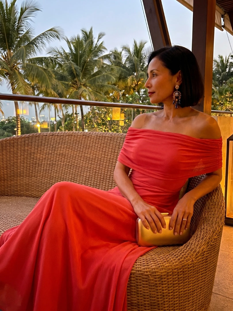 Nuvara | Rosalía | Vestido Midi Hombros Descubiertos Mujer Drapeado