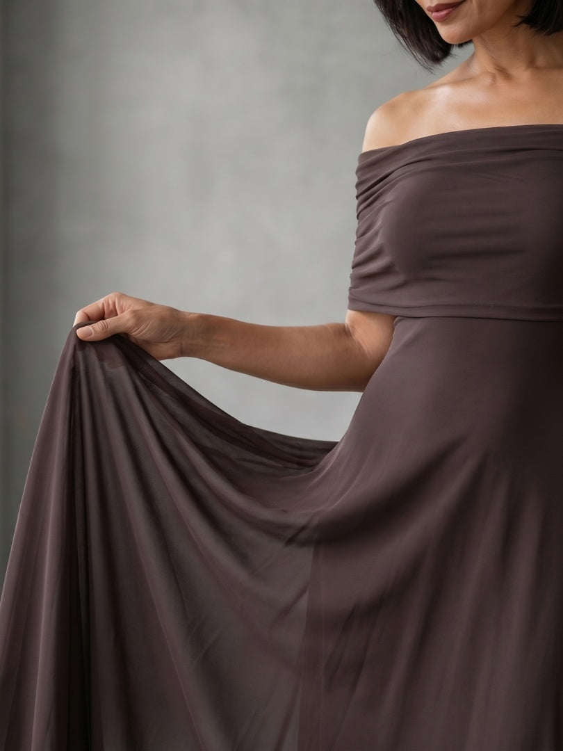 Nuvara | Rosalía | Vestido Midi Hombros Descubiertos Mujer Drapeado