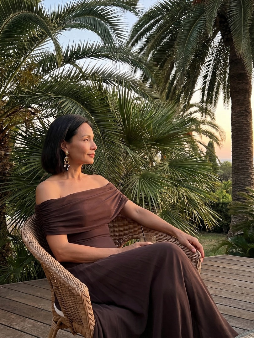 Nuvara | Rosalía | Vestido Midi Hombros Descubiertos Mujer Drapeado
