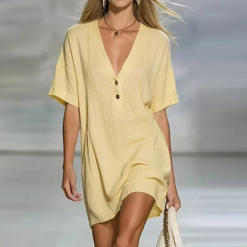 Nuvara | Soledad | Vestido Corto Camisero de Verano Mujer Escote V Botones