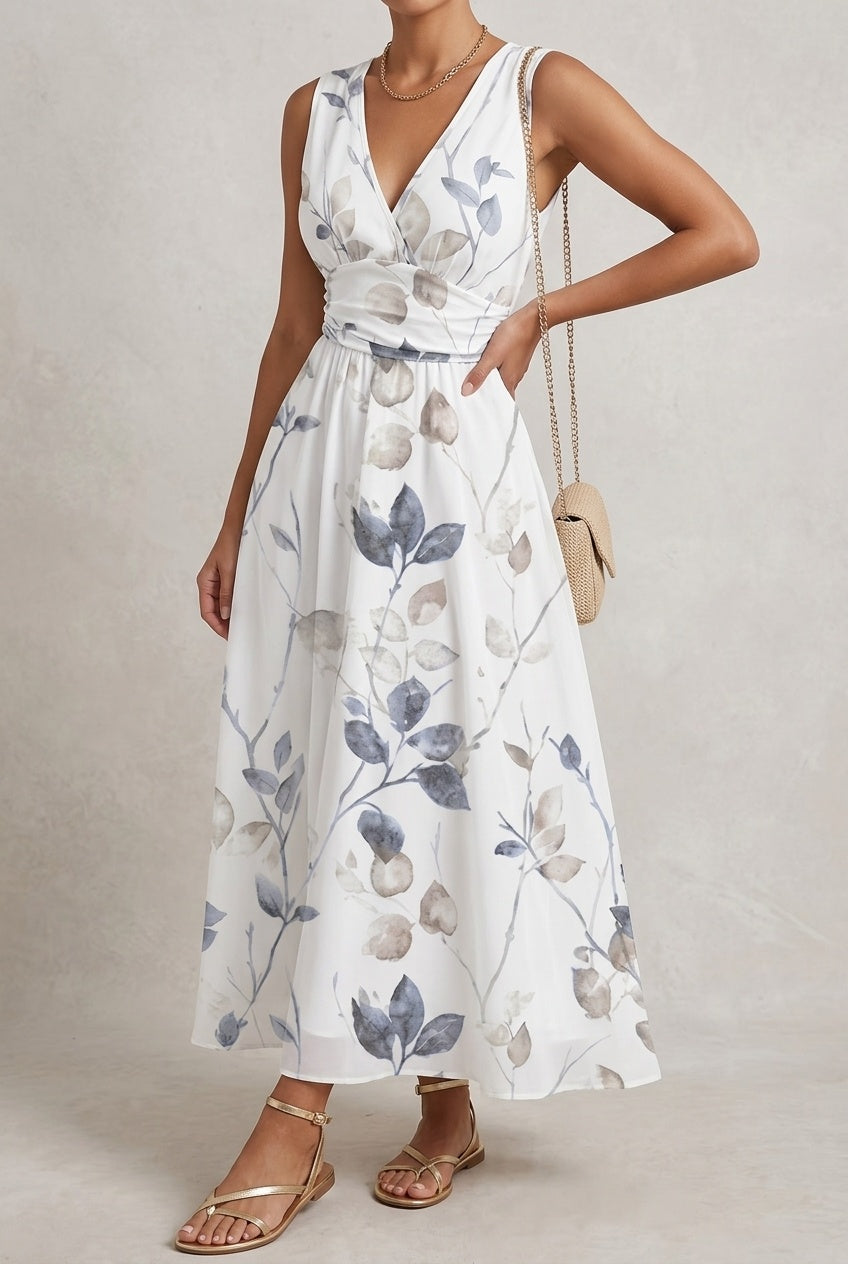 Nuvara | Triana | Vestido Largo de Invitada Estampado Floral Mujer Escote V Sin Mangas