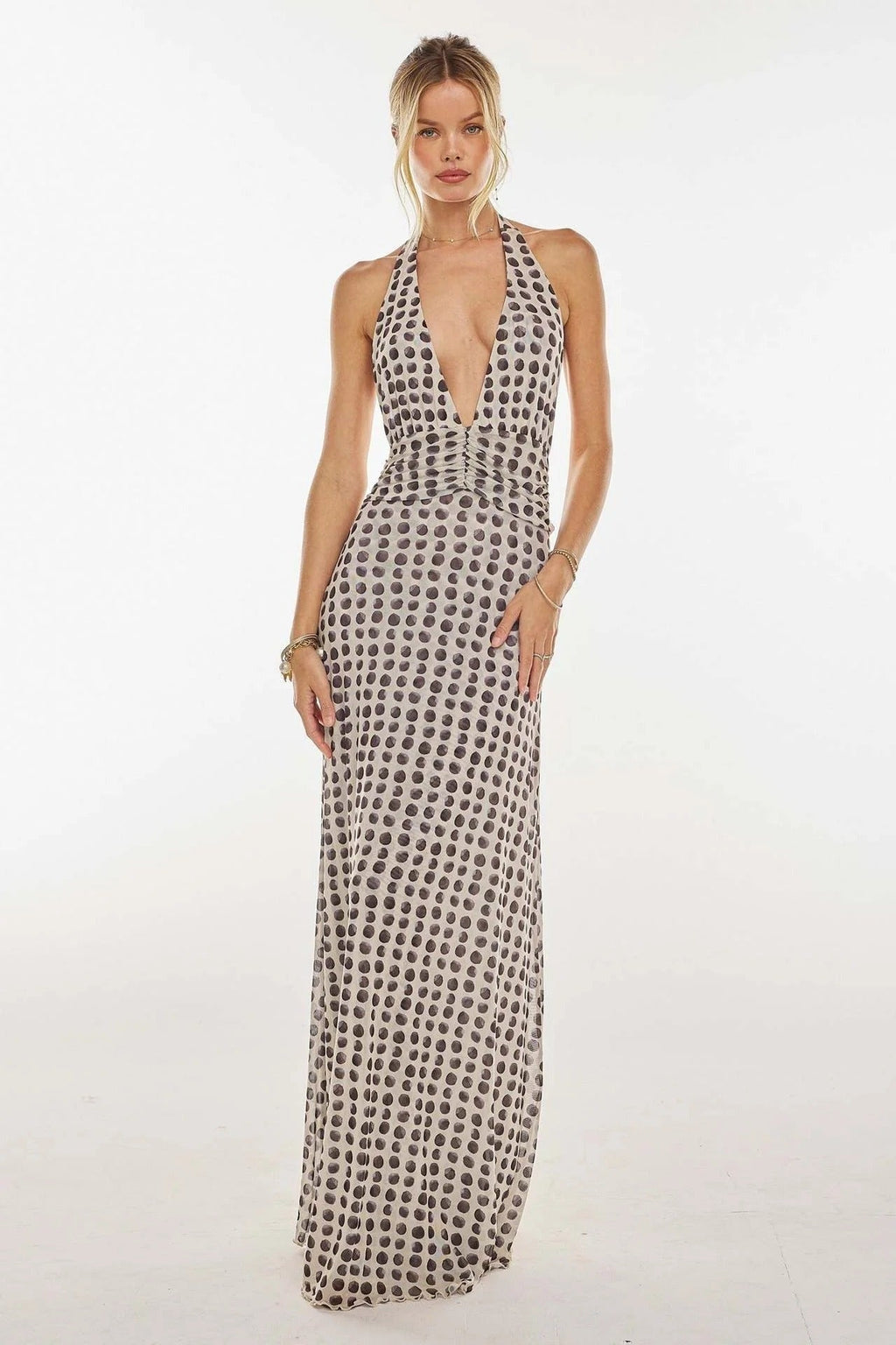 Nuvara | Triana | Vestido Largo de Lunares Mujer Halter Escote V Profundo