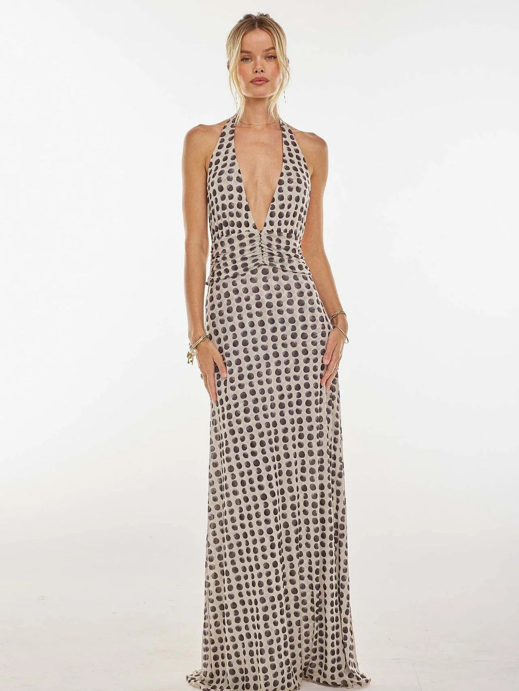 Nuvara | Triana | Vestido Largo de Lunares Mujer Halter Escote V Profundo