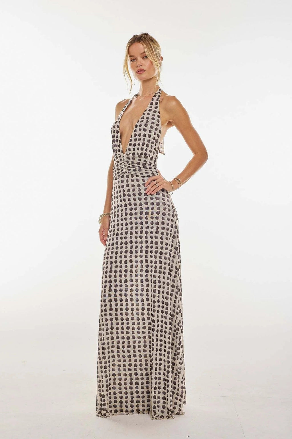 Nuvara | Triana | Vestido Largo de Lunares Mujer Halter Escote V Profundo