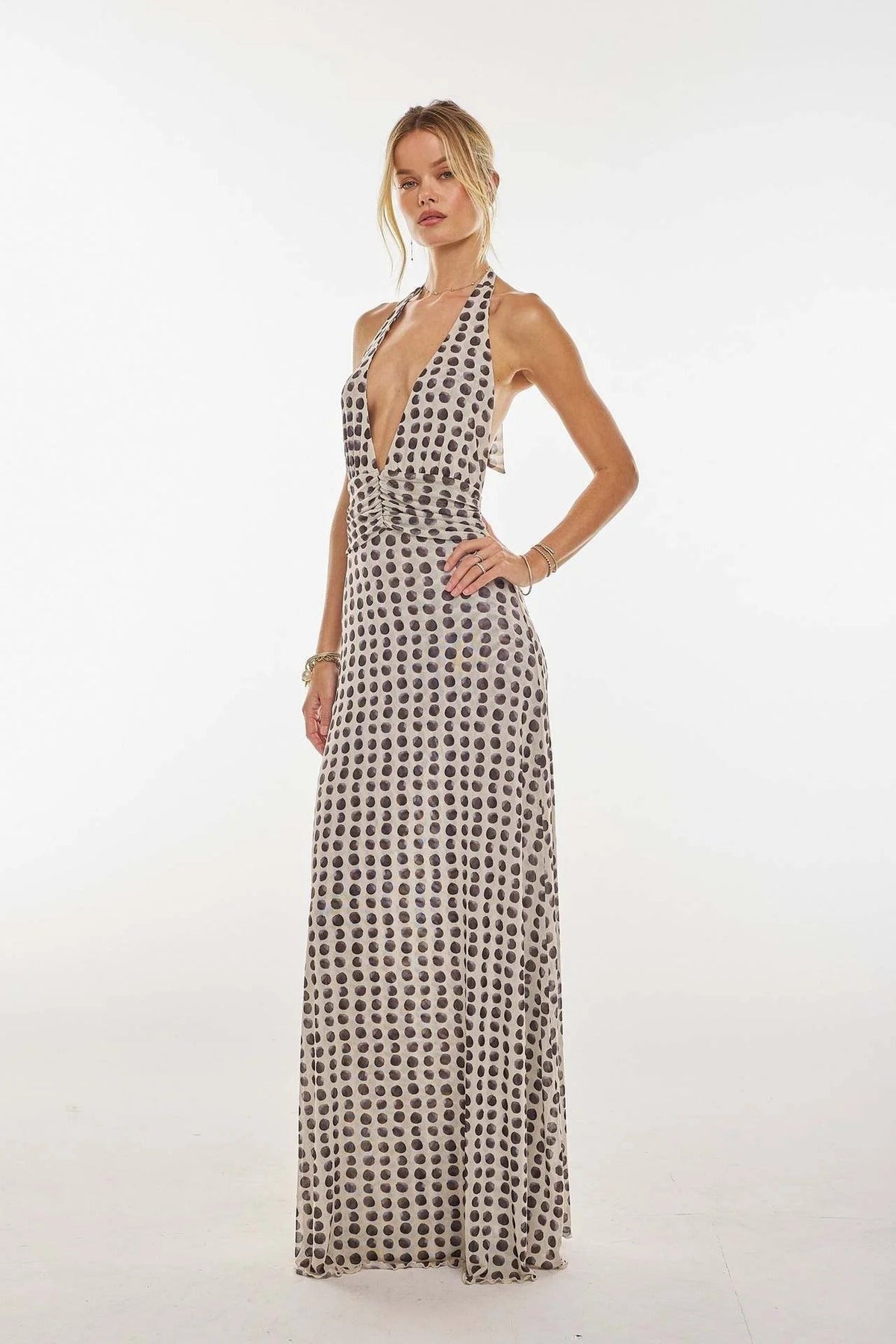 Nuvara | Triana | Vestido Largo de Lunares Mujer Halter Escote V Profundo