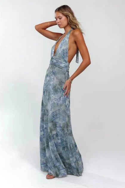 Nuvara | Triana | Vestido Largo de Lunares Mujer Halter Escote V Profundo