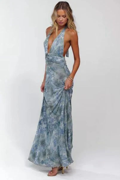 Nuvara | Triana | Vestido Largo de Lunares Mujer Halter Escote V Profundo
