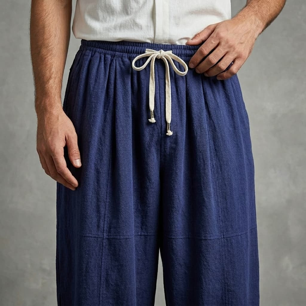 Nuvara | Unai | Pantalón de Lino Jogger Hombre Cintura Elástica Tobillo Fruncido
