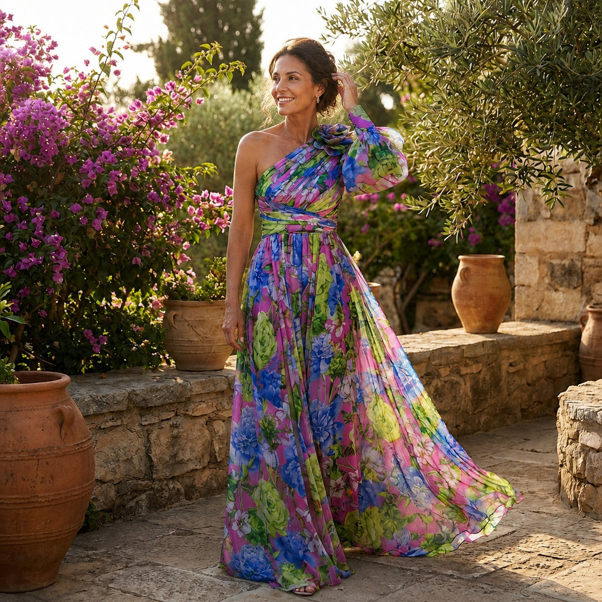 Nuvara | Uxía | Vestido Invitada de Manga Larga Mujer Un Hombro Floral
