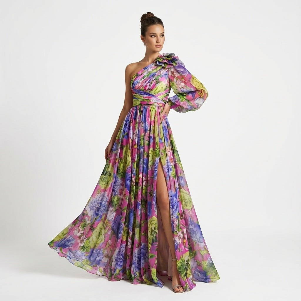 Nuvara | Uxía | Vestido Invitada de Manga Larga Mujer Un Hombro Floral