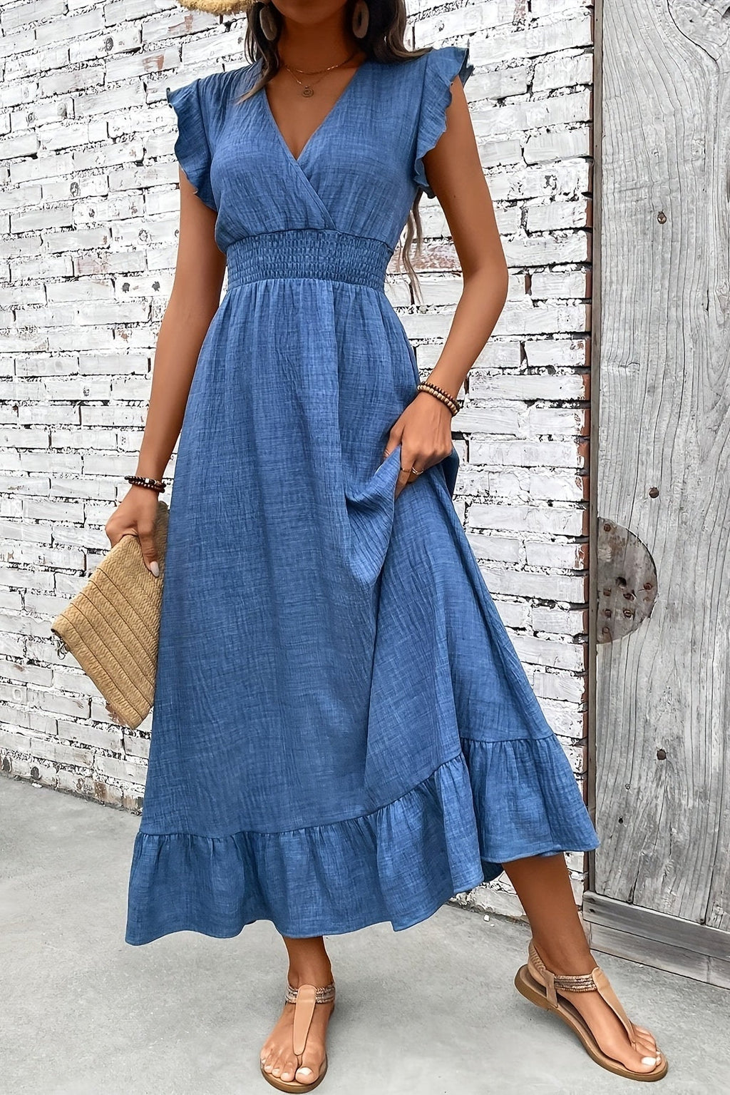 Nuvara | Uxía | Vestido Largo con Volantes Mujer Escote V Cintura Fruncida