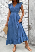Nuvara | Uxía | Vestido Largo con Volantes Mujer Escote V Cintura Fruncida