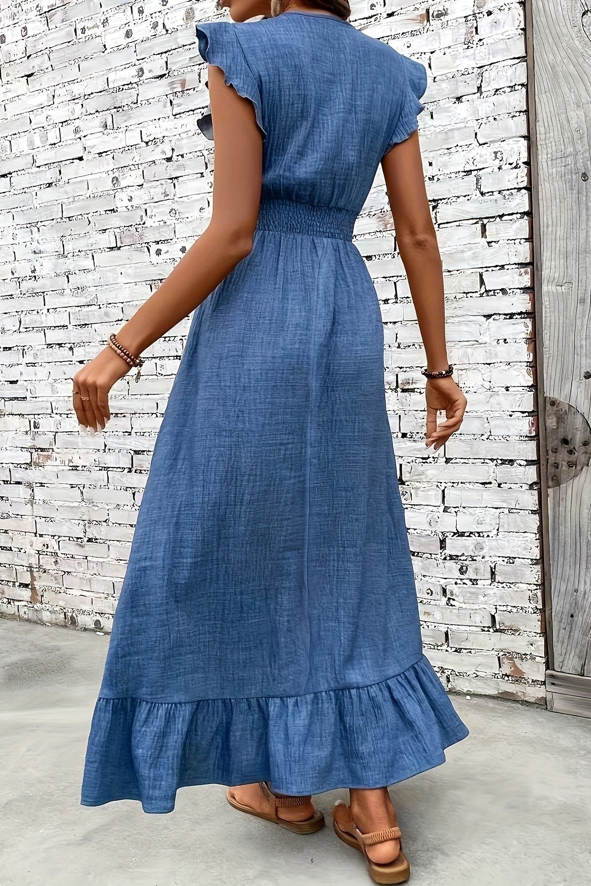 Nuvara | Uxía | Vestido Largo con Volantes Mujer Escote V Cintura Fruncida