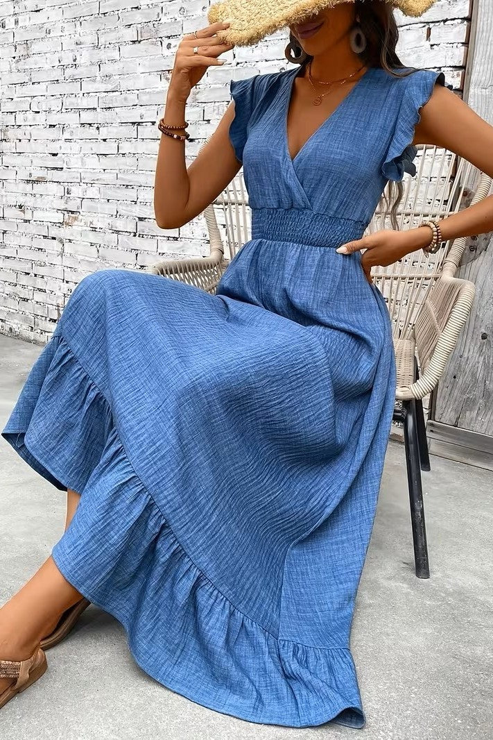 Nuvara | Uxía | Vestido Largo con Volantes Mujer Escote V Cintura Fruncida