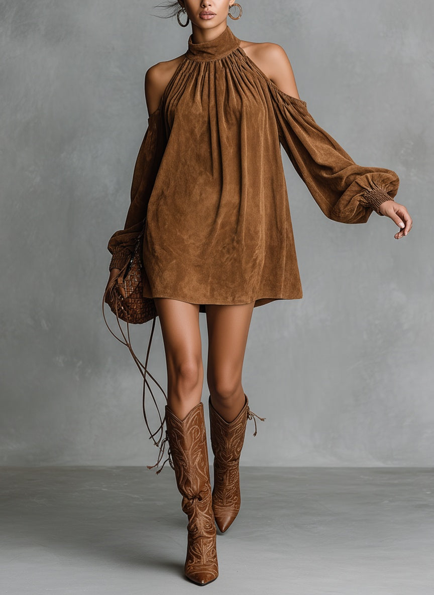 Nuvara | Vega | Vestido Corto de Otoño Holgado de Ante Sintético Mujer Manga Linterna Hombros Descubiertos