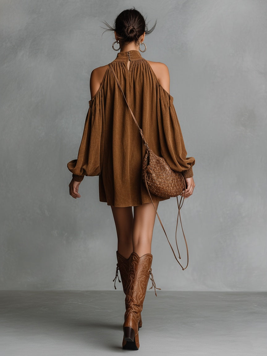 Nuvara | Vega | Vestido Corto de Otoño Holgado de Ante Sintético Mujer Manga Linterna Hombros Descubiertos
