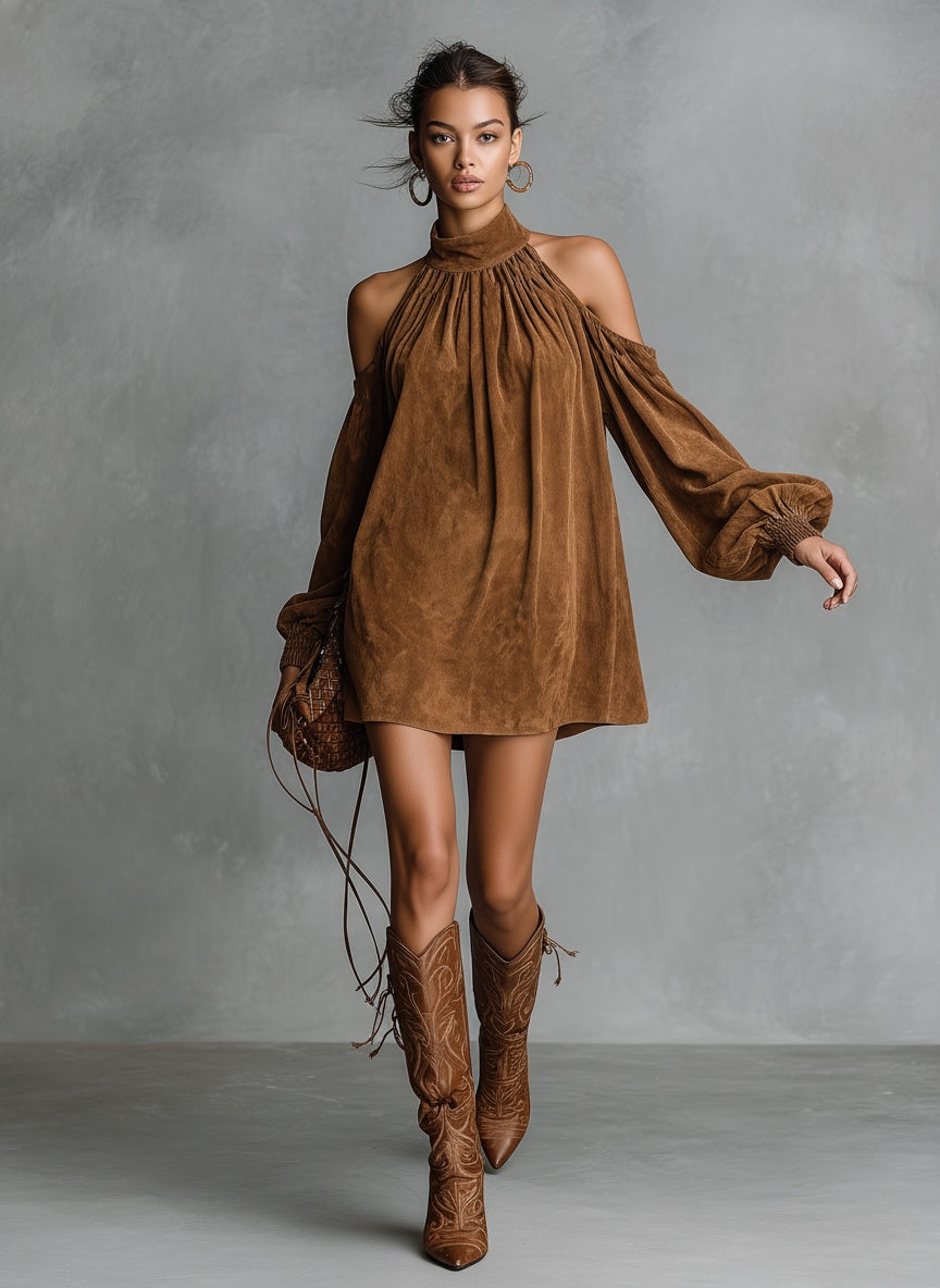 Nuvara | Vega | Vestido Corto de Otoño Holgado de Ante Sintético Mujer Manga Linterna Hombros Descubiertos