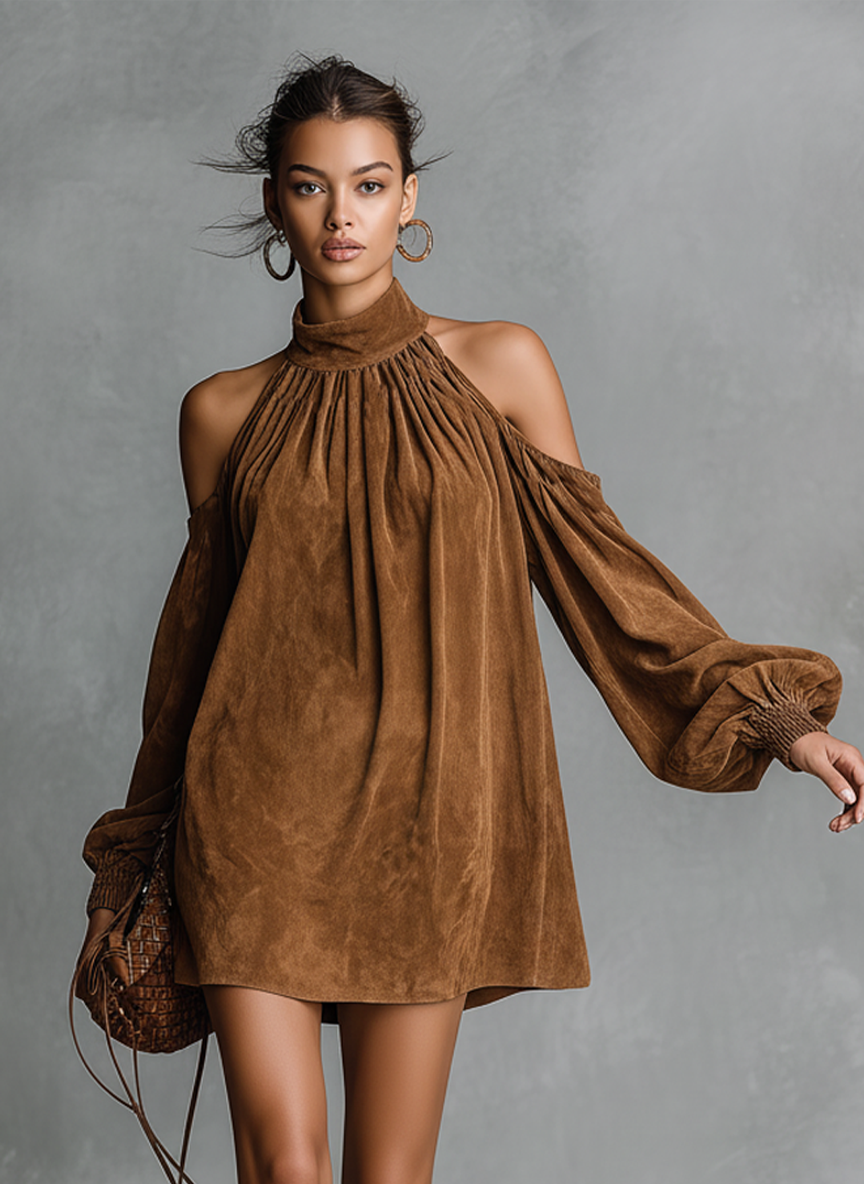 Nuvara | Vega | Vestido Corto de Otoño Holgado de Ante Sintético Mujer Manga Linterna Hombros Descubiertos