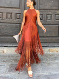 Nuvara | Encarna | Vestido de Fiesta Largo con Flecos Mujer Cuello Halter