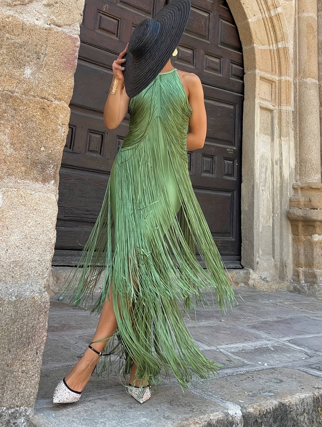 Nuvara | Encarna | Vestido de Fiesta Largo con Flecos Mujer Cuello Halter