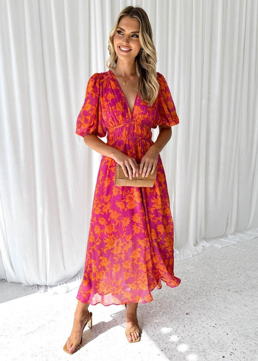 Nuvara | Marisol | Vestido Largo de Invitada de Boda Estampado Mujer Escote V