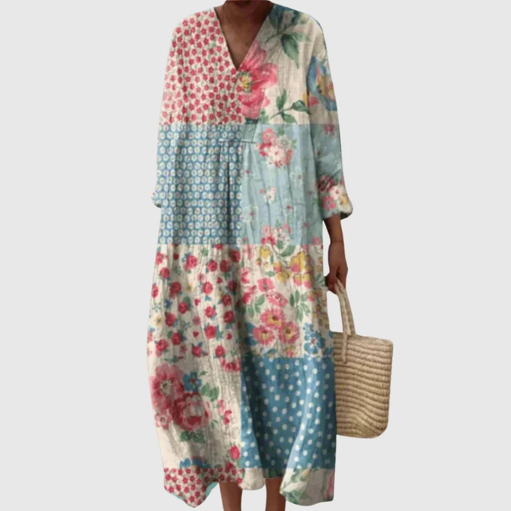 Nuvara | Esther | Vestido Largo de Verano Geométrico Estampado Patchwork Mujer Escote V