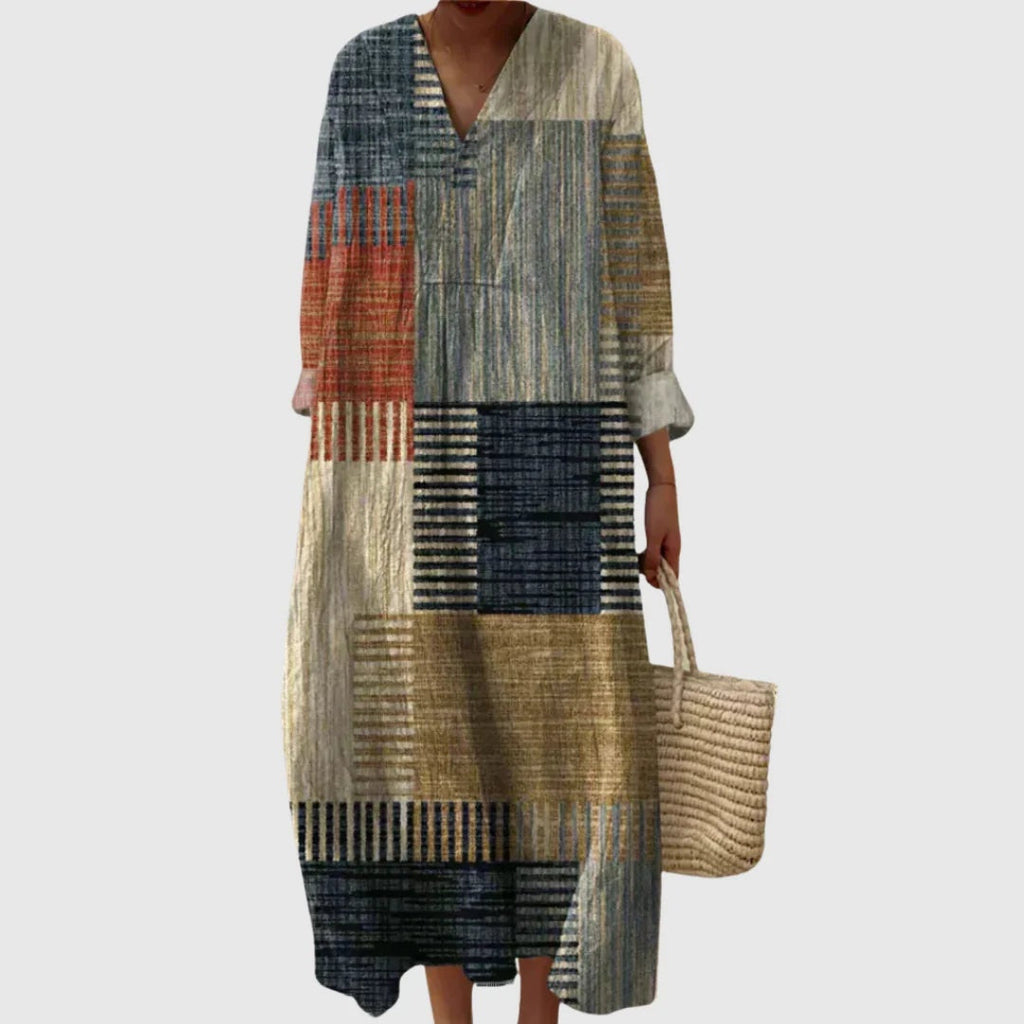 Nuvara | Esther | Vestido Largo de Verano Geométrico Estampado Patchwork Mujer Escote V
