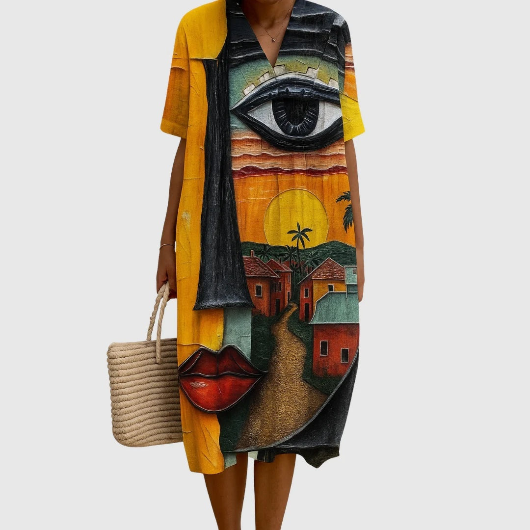 Nuvara | Esther | Vestido Largo de Verano Geométrico Estampado Patchwork Mujer Escote V