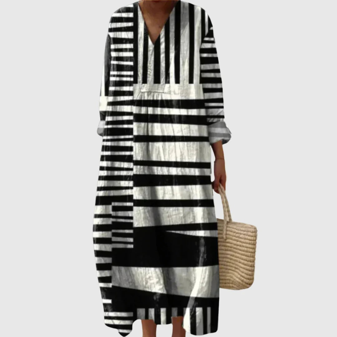 Nuvara | Esther | Vestido Largo de Verano Geométrico Estampado Patchwork Mujer Escote V