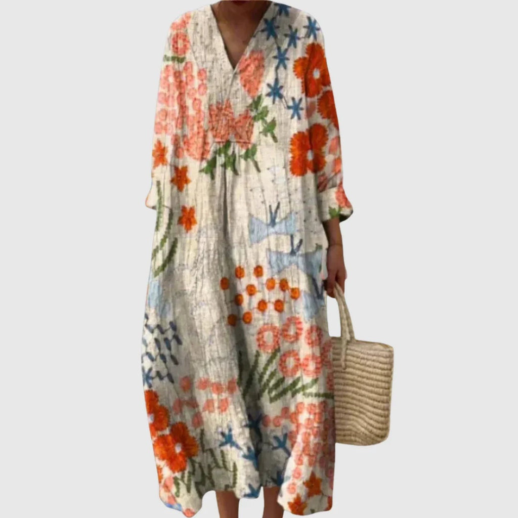 Nuvara | Esther | Vestido Largo de Verano Geométrico Estampado Patchwork Mujer Escote V